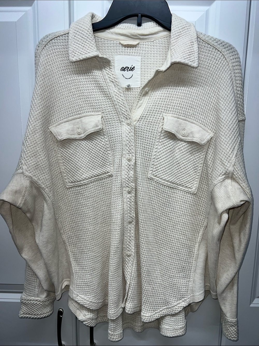 Aerie Cream Waffle Knit Oversized Button Down Shacket XS/TP